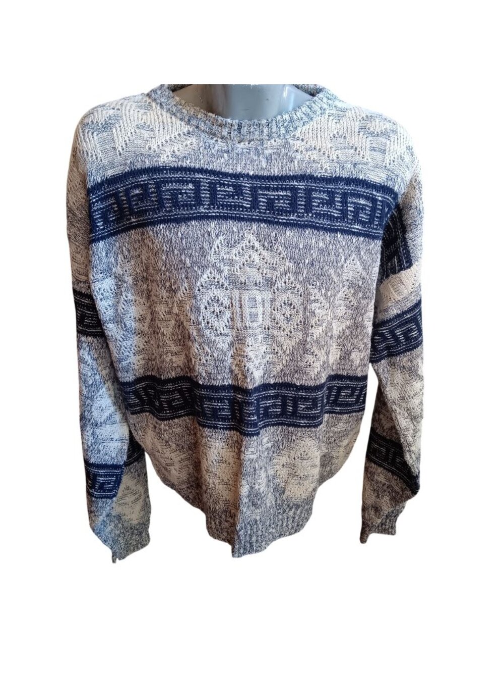 Vintage Ugly Greek Sweater XL 1990s Bask Superior Knit Geometric Crewneck Ramie